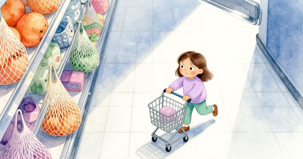 Flora 在超市中推著購物車，旋轉的橘子網袋在燈光下閃爍，樓板反射出明暗交錯的光影，充滿期待。