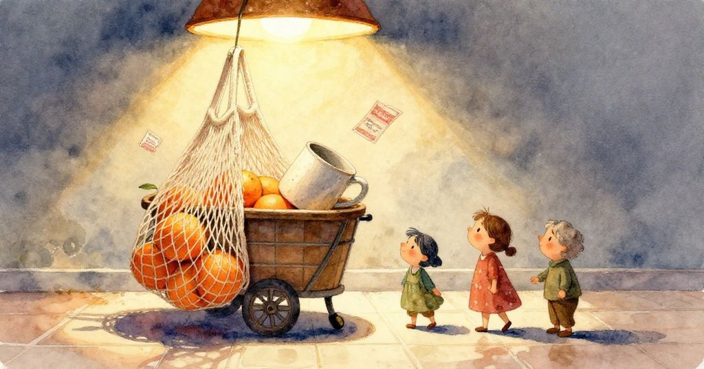 Flora 的手伸向傾斜的陶瓷杯，票券在溫柔光線中飄揚，細節豐富呈現混亂卻充滿希望的購物時刻。