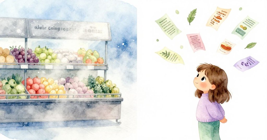 Flora 望向分割畫面，一邊是寧靜的產區霧景，另一邊票券與傳單狂亂飛舞，內心充滿奇想與輕微不安。