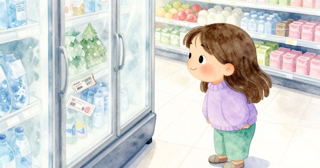 Flora 輕閉冰箱門後靜看反射於光滑地板的票券，臉上浮現平靜微笑，從緊張中解脫出希望與神秘。