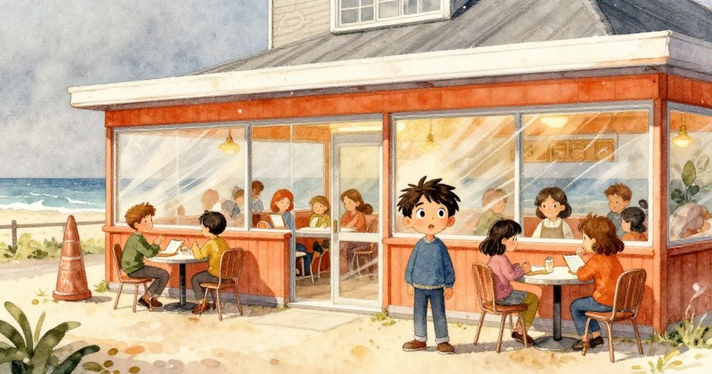 Jasper與家庭在海濱餐館外等待，風中海浪拍打玻璃，天空灰暗，情景寬闊充滿期待與自然韻味。