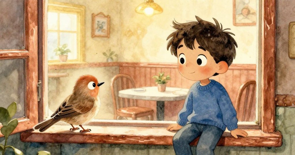 小鳥從窗台俯瞰餐廳內的Jasper，窗外溫暖金光映照，生動展現自然與人類相互觀察的奇趣情景。