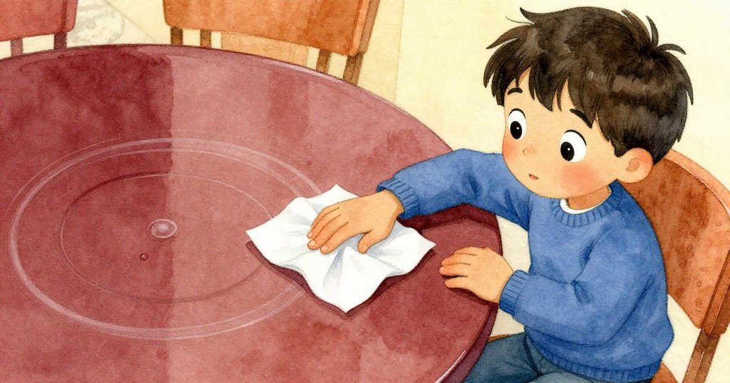 鏡頭特寫桌面上清晰水痕，Jasper一手執著白色餐巾輕拭，細膩展現濕潤光影與靜謐情感。