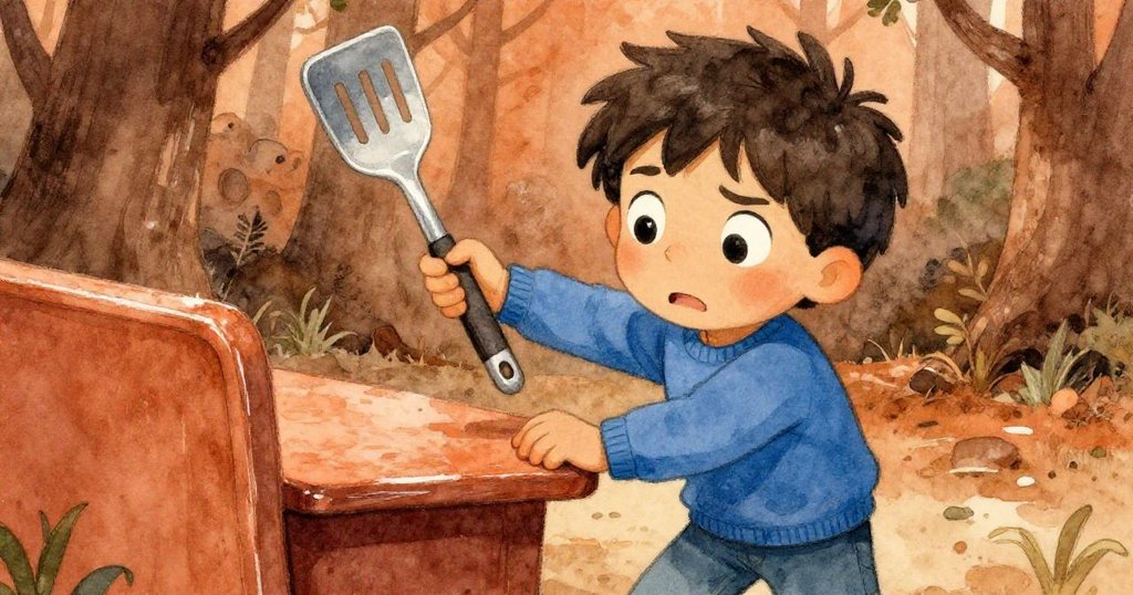 Jasper專注地用金屬甜點鏟撐穩搖晃座椅，面部流露出擔心與決心，近景細節展現張力與緊迫感。