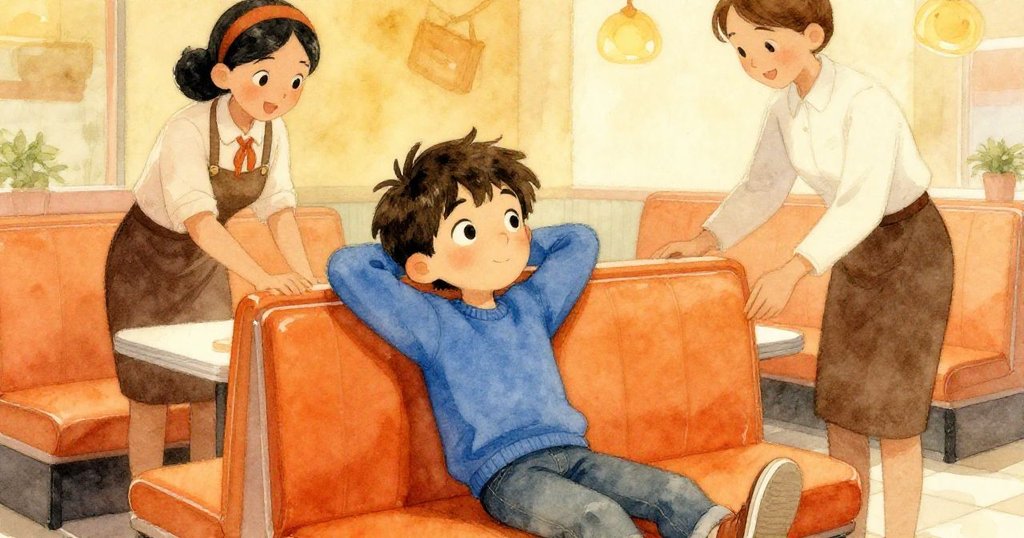 Jasper鬆了一口氣坐於穩固座椅上，友善女服務員走來報告訂單，餐廳內暖光融融，充滿重歸平靜的溫馨氣氛。