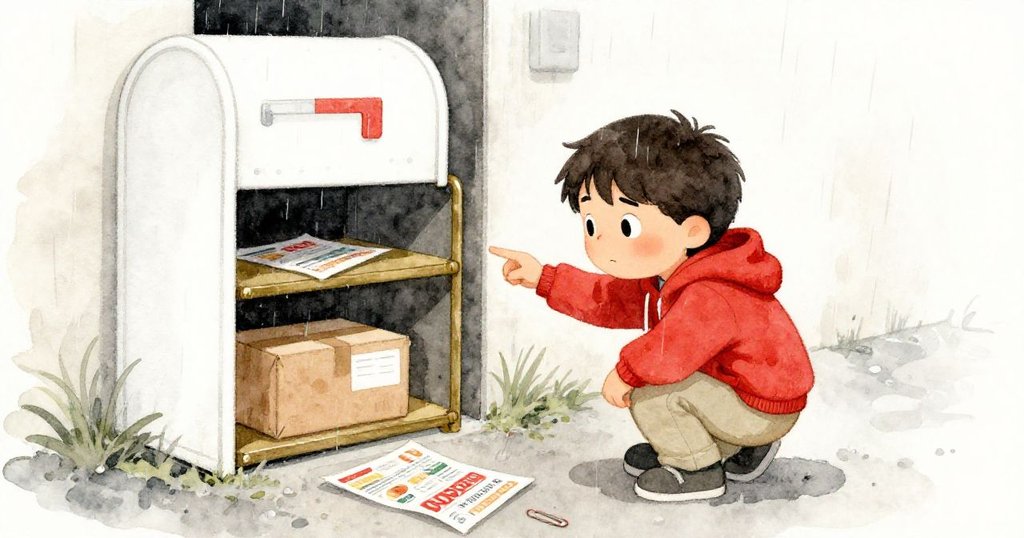 Kai 在細雨中蹲在信箱通道入口,尋找信封,環境有老舊紙夾和散落的宣傳單,神情專注期待。