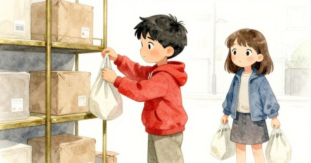 Cora 提著購物袋輕步進入,與Kai在信箱旁互動,環境呈現過渡空間溫柔光影,表情好奇帶點猶豫。