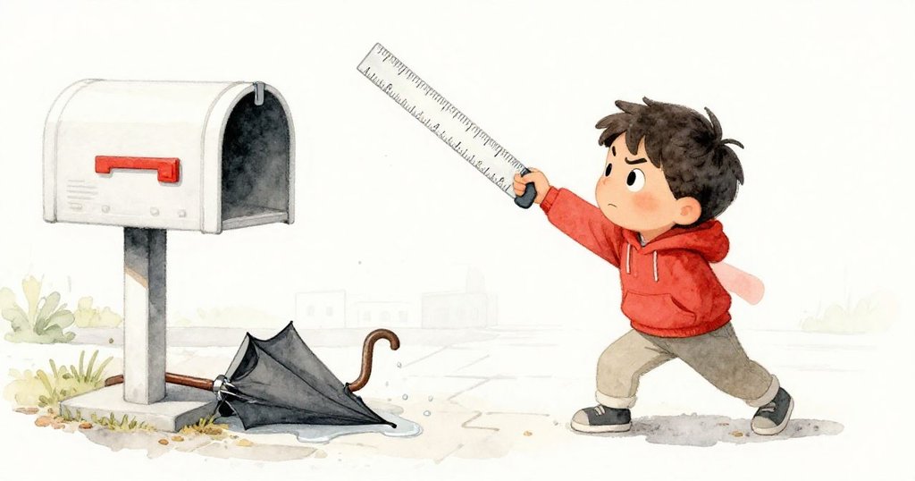 Kai 追趕飛落的塑料尺,雨滴滴落在傾斜的雨傘架邊,環境中展現急促動作和緊湊氣氛。