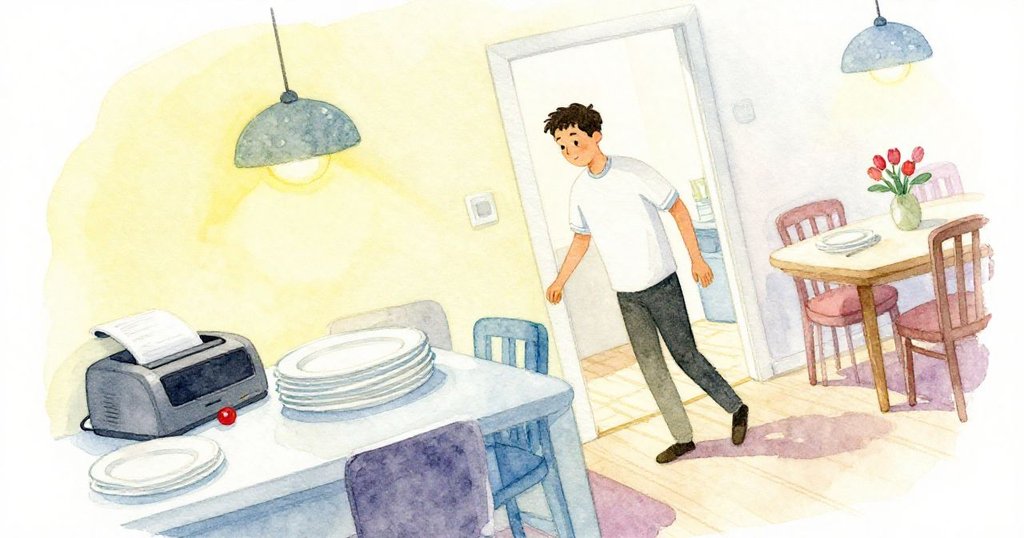 瑞德走進餐廳,盤堆和收據機在傾斜構圖中呈現,充滿忙碌與輕微疑惑氣氛。