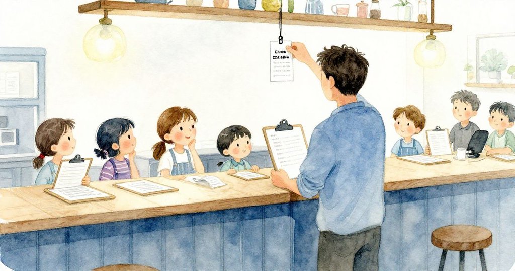 瑞德從背後觀察票券移動,吧台上名單與票串細節豐富,流露出期待與些許無奈。