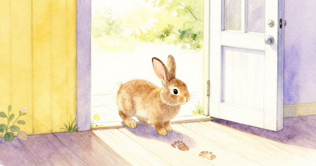 露台上小棕兔輕快跳躍,透過敞開木門進入,環境透露出自然柔和光影和細膩足跡。