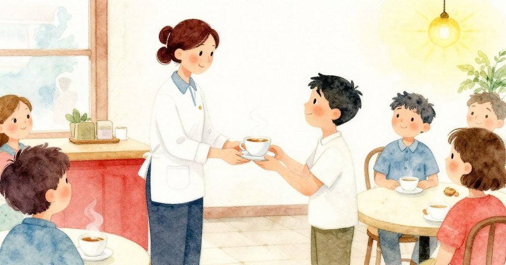 服務生微笑著遞上茶杯,瑞德接過茶時旁人靜默慶賀,室內光影溫馨洋溢著連結之感。