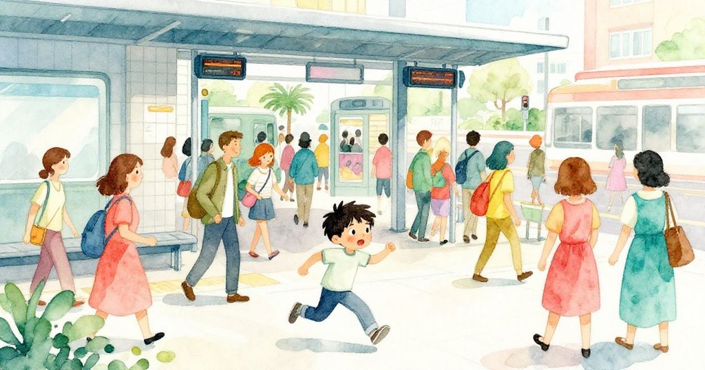 男孩Cal在繁忙車站匆忙奔跑,周圍有眾多人群和計時牌,充滿緊張而溫暖的氛圍。