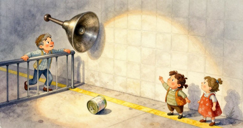 男孩Cal奔跑中的車站,焦點放在滾動的銀色鯷魚罐,黃線上顯得鮮明,背景有計時牌。