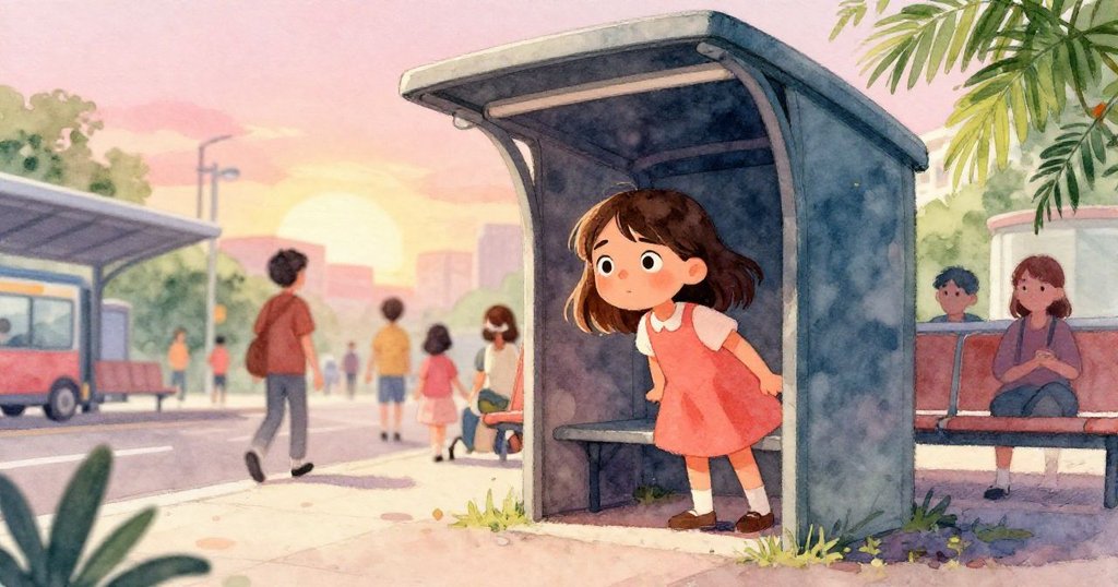 女孩子Faye從候車亭中走出,低角度視角展示忙碌車站背景,充滿決心,與遠處男孩Cal的奔跑形成呼應。