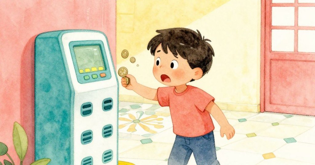 男孩Cal在室內大廳與充電機互動,插卡操作,周圍瓷磚色彩豐富,表情充滿急切與希望。