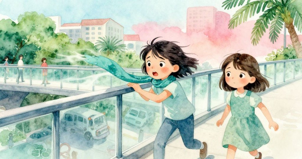 在玻璃步道中,女孩子Faye因大風吹拂而被圍巾纏住,動作專注解決難題,男孩Cal在背景中持續前行,展現動感。