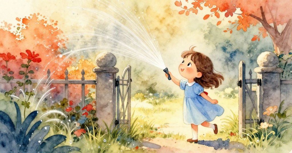 戴莉亞於初晨花園邊靜觀噴水器噴出的水弧，表情好奇平靜，氛圍溫馨，開啟故事序章。