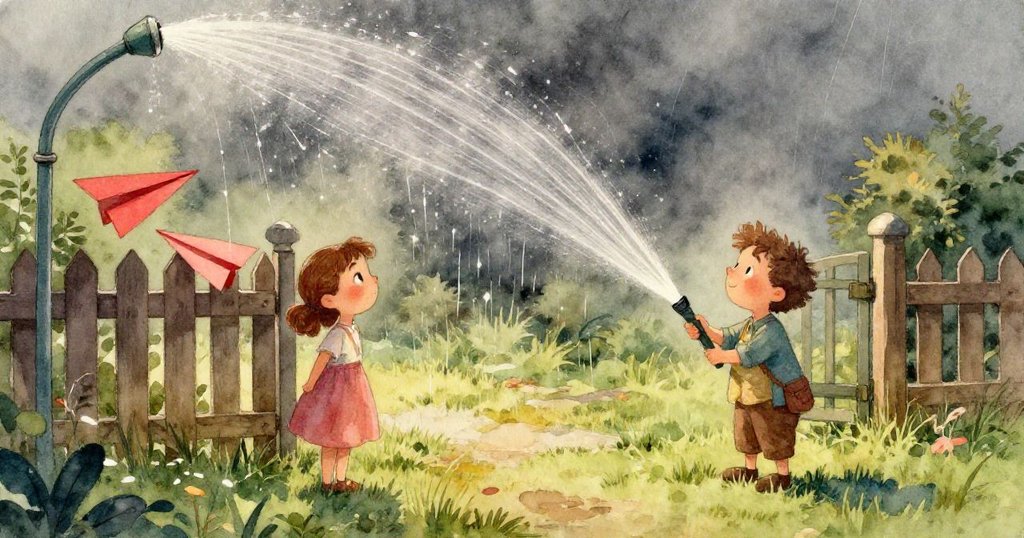 戴莉亞目光暗示的紅色紙飛機躺於舊木柵欄上，細節豐富，象徵冒險啟程，充滿童趣。