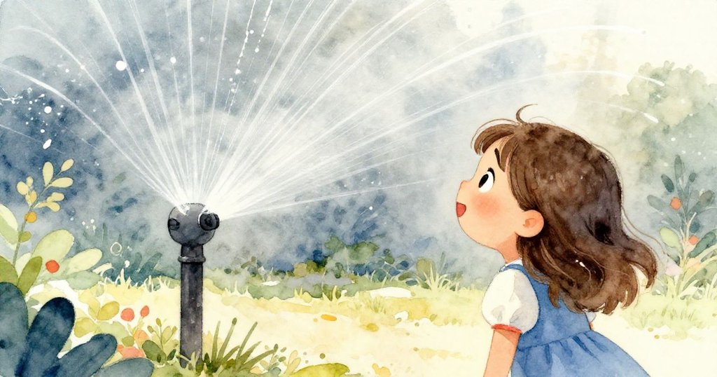 戴莉亞從身後注視噴水器循環，眼神專注記錄節奏，動態水弧映襯花園景致，準備採取行動。