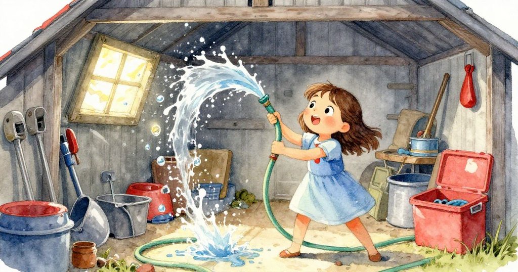 戴莉亞在開放的工具棚內操作花園水管，水花四濺，金光閃爍，工具散亂呈現活潑場景，情緒緊張。