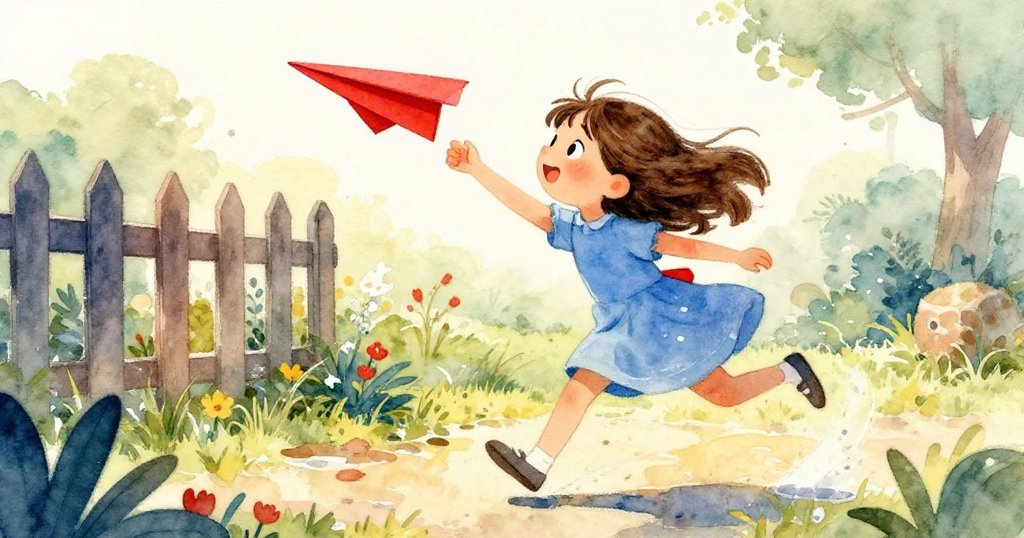 戴莉亞衝向柵欄取回紅紙飛機，神情堅定，衣裙隨風飄動，草地濕潤陽光明媚，動感十足。