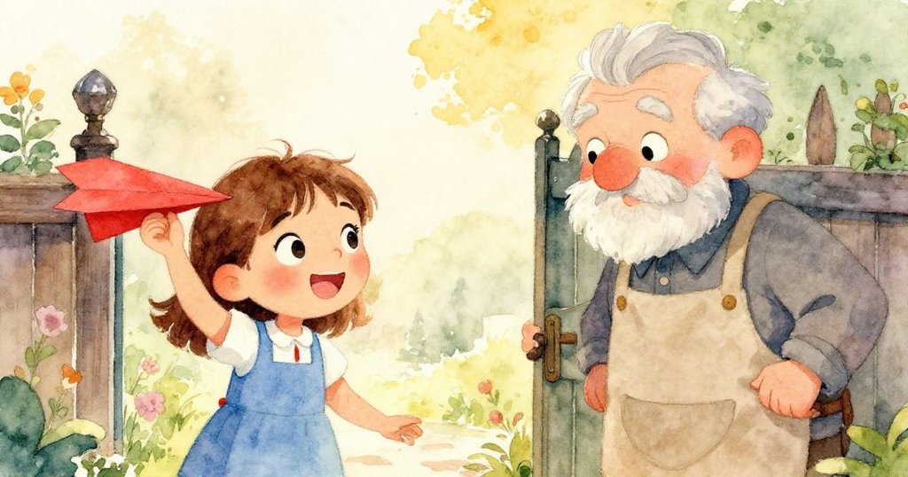 戴莉亞於花園門口將紅紙飛機遞給老發明家，雙雙眼含微笑，動作溫柔真摯，故事進入圓滿結局。