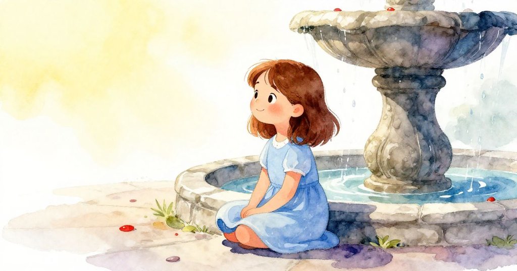 Hazel在明亮晨光下坐於古老噴泉邊，專注磨銅幣，展現開始週末早晨例行公事的寧靜與溫暖情感。