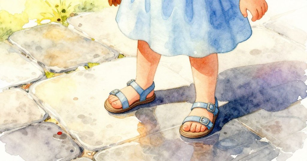 Hazel輕步走過濕潤石板，細膩腳印隨光影閃爍，展現她細心且優雅的晨間步伐。