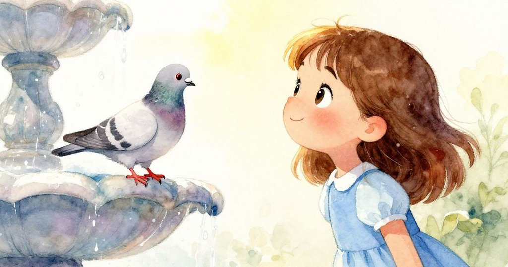 Hazel抬頭注視一隻小鴿停於噴泉邊，陽光灑下令其羽毛蓬鬆，令人驚喜的目光流露出期待與好奇。