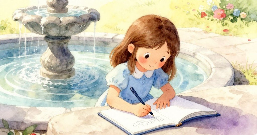 Hazel專注在噴泉旁的筆記本上作畫，陽光與陰影隨雲朵變幻，紀錄下時間流轉的寧靜與美好。