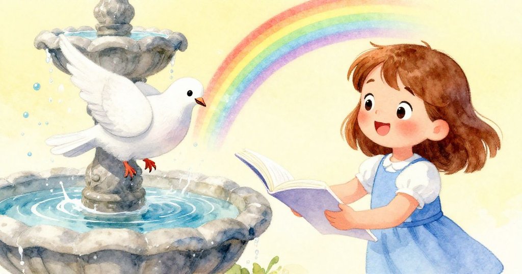 鴿子振翼跳躍間激起飛濺水珠，在筆記本上形成彩虹光跡，Hazel驚喜注視，場景充滿動感與夢幻色彩。