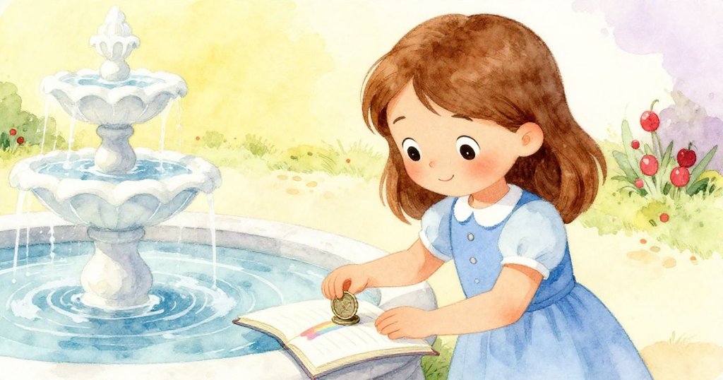 Hazel平靜地打磨新銅幣，筆記本上隱約殘留彩虹光跡，展現出任務完成後內心的寧靜與希望，氛圍柔和。