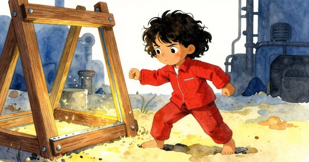 Olive穩健地踏在涼爽沙地上,專注觸碰木框細節,場景中火花閃爍展現工業情懷。