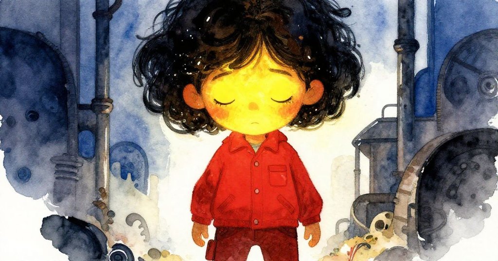 Olive閉上雙眼傾聽熔爐低鳴,臉上映出熔鐵光影,表情專注而富有魔幻工業氣息。