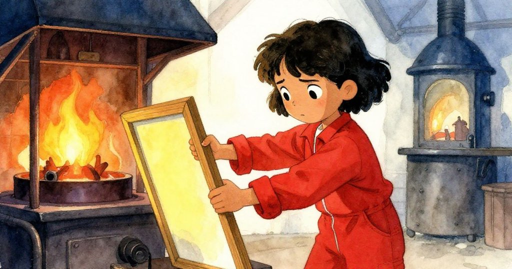 Olive捲袖伸手觸碰涼爽木框,背景由火熱光芒轉為柔和冷色,展現回憶與專注情懷。