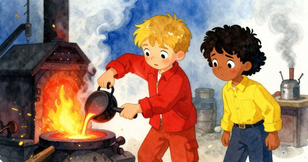 Heath小心傾倒熔鐵,Olive默契點頭示意,熔鐵緩流中噴出火花與蒸氣,瞬間充滿激烈與精準協作感。