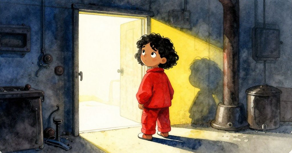 Olive凝視門外涼光,模具中凝固金屬展現細微裂痕,寬闊工場中蘊含冷靜與未完故事的神秘氣息。