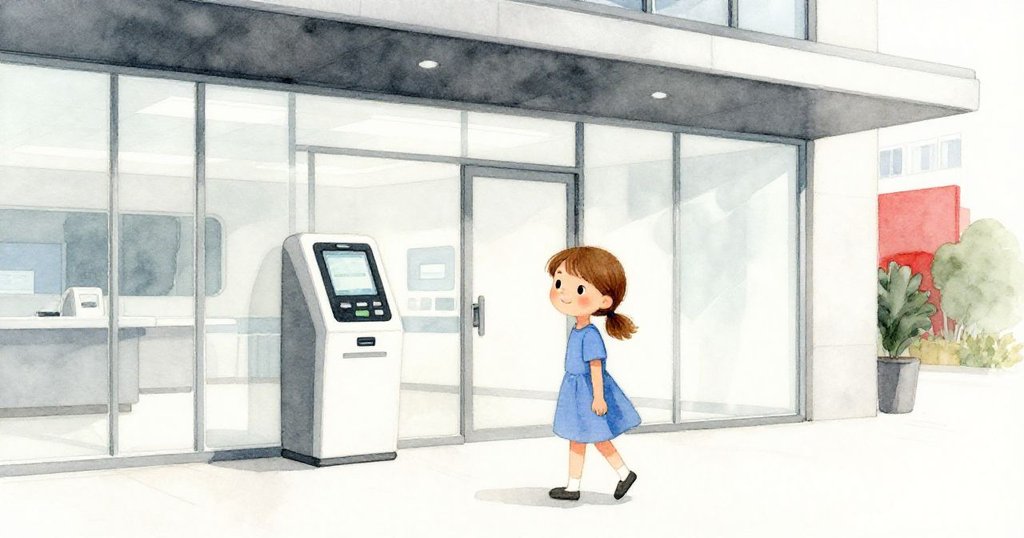 格麗塔朝現代診所入口走去，寬闊玻璃幕牆、電子取號機及細緻建築細節呈現出都市現代風格與溫馨迎接感。