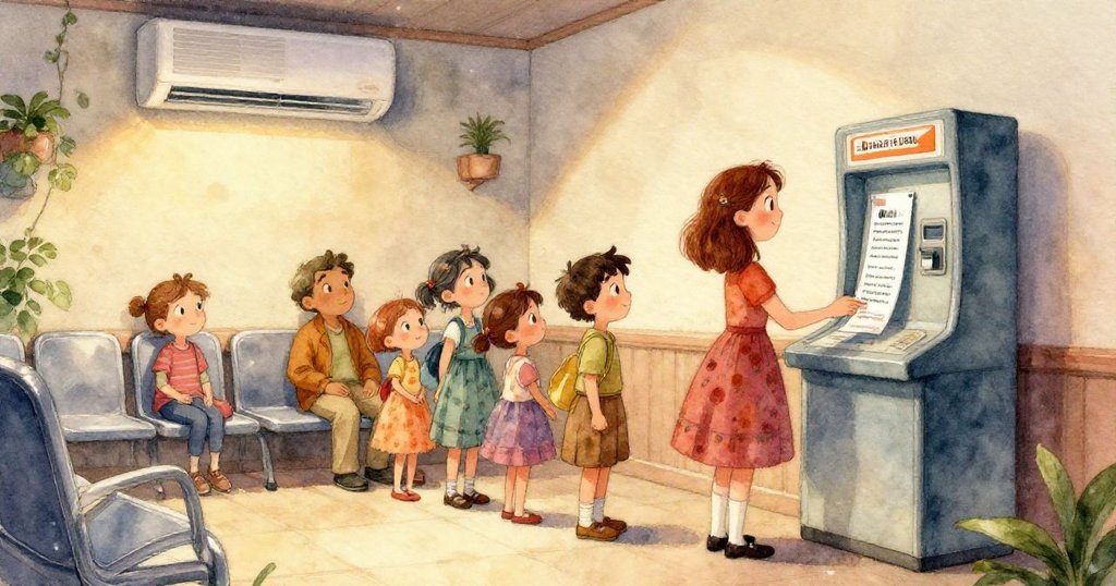 格麗塔穿著藍裙的鞋子在光亮乙烯基地板上邁步，地面紋理清晰反映診所內部現代感與潔淨氛圍。