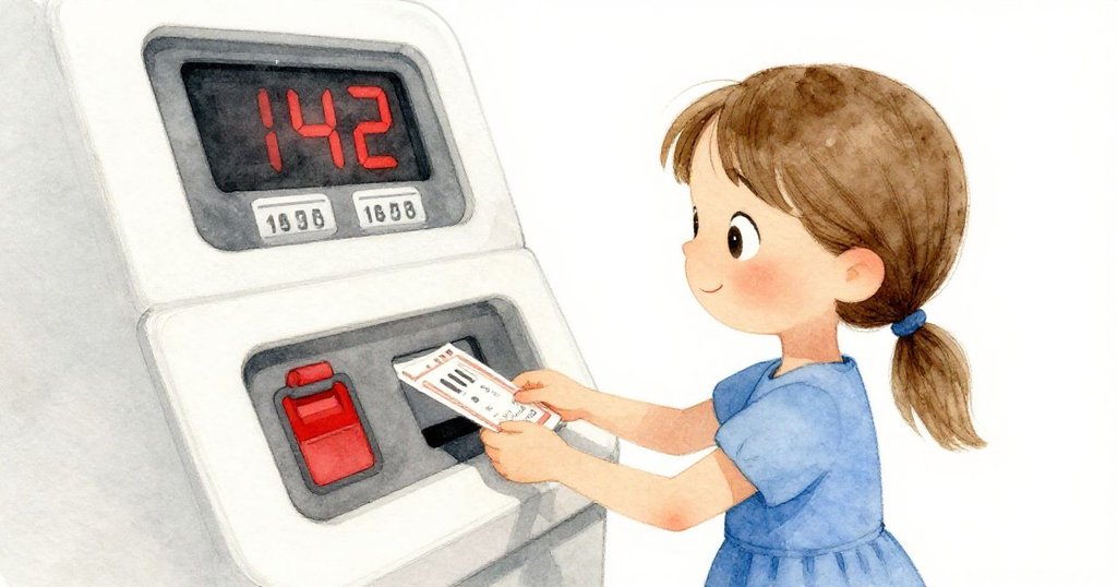 格麗塔在現代化櫃台前抽出第四十二號取號券，數位顯示屏逐步更新數字，現場充滿期待感與現代科技感。