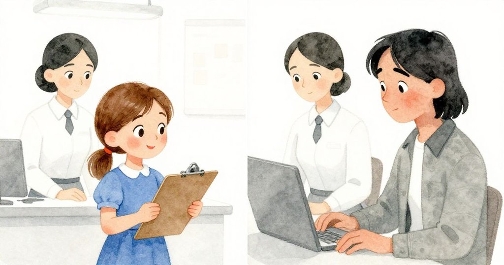 格麗塔與櫃檯人員在診所內分屏互動，一邊專注修改表格，阿莫斯協助比對，彼此點頭示意理解，互動自然溫馨。