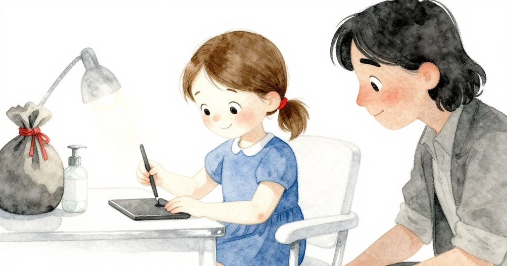 格麗塔坐在霜白色椅子上完成表格，藥袋與消毒瓶在鏡面檯面上閃爍，與阿莫斯交換溫暖點頭，氛圍寧靜而和諧。