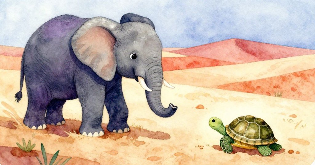 象仔Ellie 穿過沙丘入口,發現小龜Tully在遠處滾動,兩者皆帶著好奇心迎接沙漠日光與溫暖氛圍。