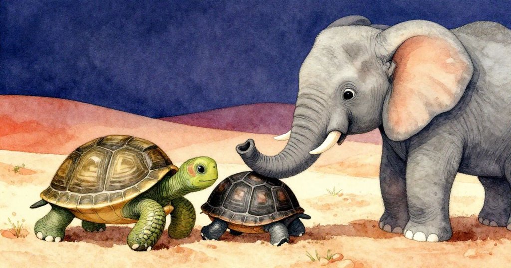 象仔Ellie輕觸小龜Tully沉陷沙殼,細膩展露關愛,近距離捕捉沙漠中溫柔互動與情感。