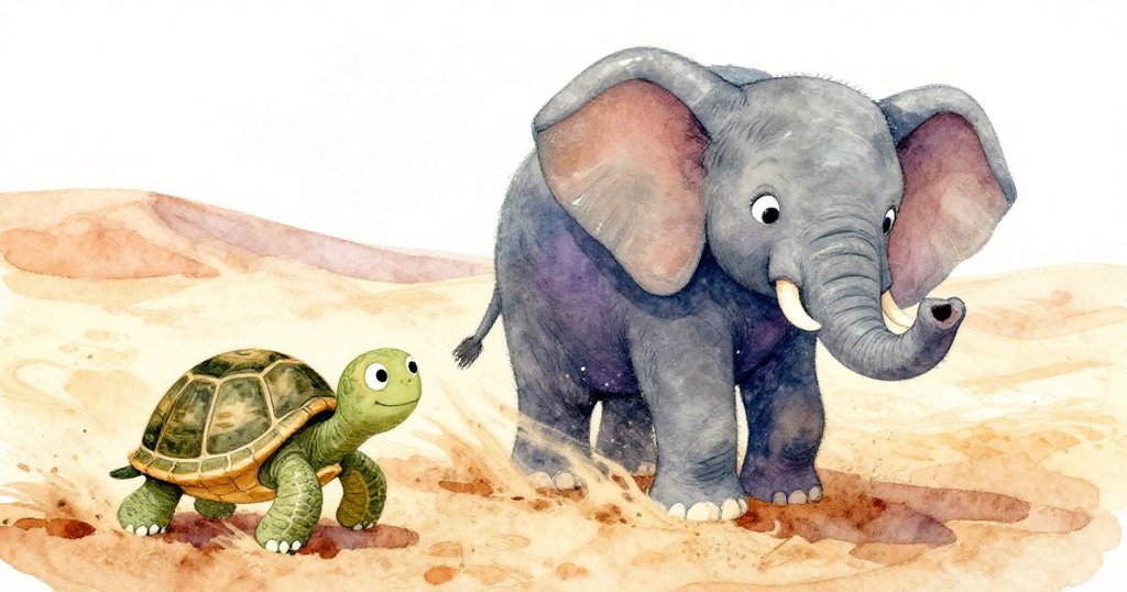 象仔Ellie與小龜Tully在狂風吹襲中驚訝眨眼,傾斜構圖展現動態沙塵飛揚的荒漠情景。