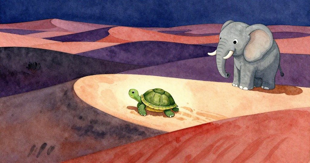 從高處俯瞰,象仔Ellie凝視遠方尋求支持,小龜Tully下方沙粒堆積,展現廣闊荒漠與細膩變化。