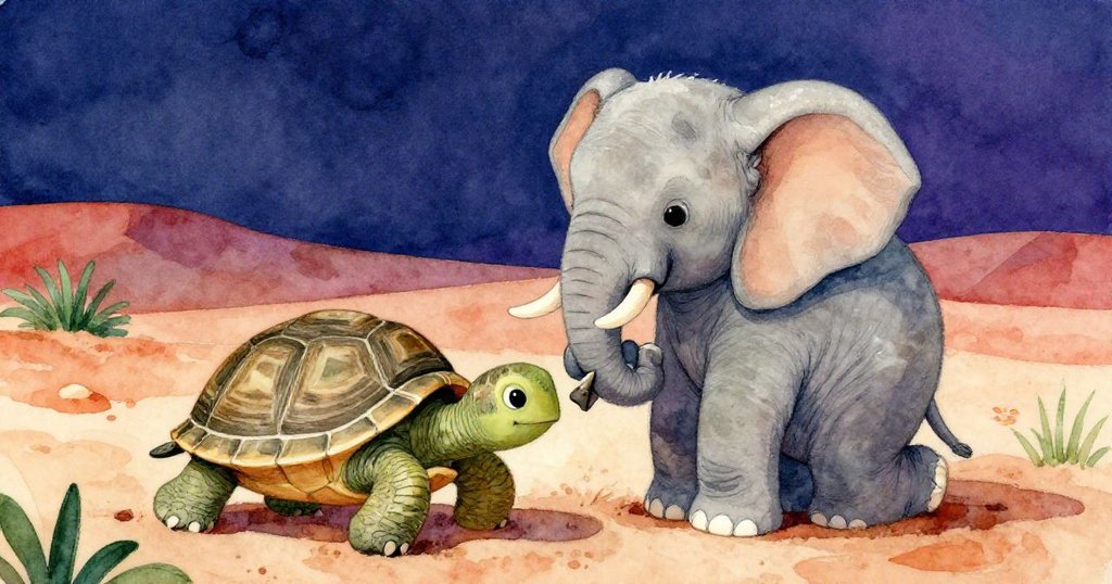 象仔Ellie跪在小龜Tully旁,溫柔地將小象牙滑入沙底,細心托起龜殼,洋溢堅定善意與暖意。