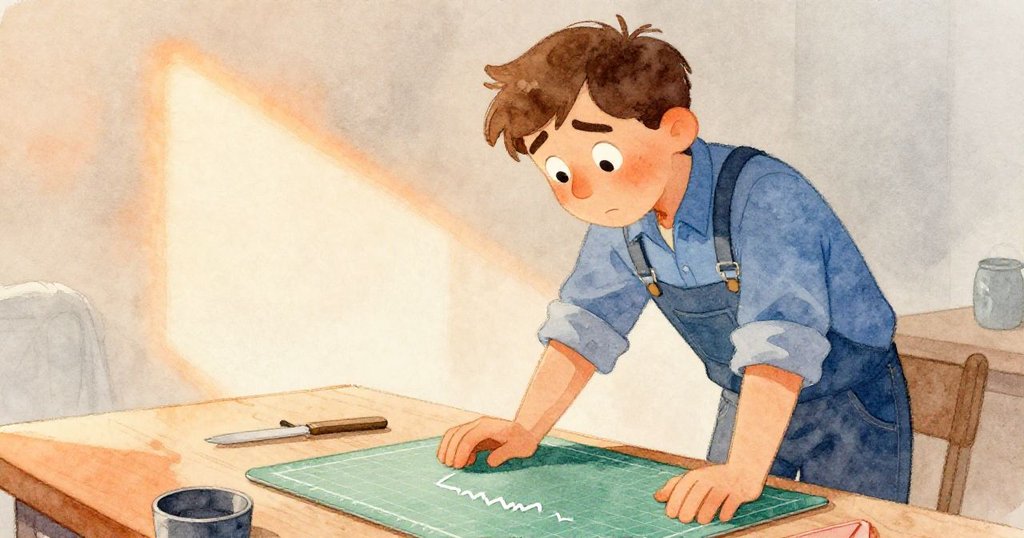 Glen在工作桌前彎腰檢查綠色墊上的鋸痕，室內充滿晨光，表情認真專注，情節開啟新篇章