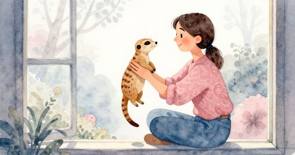 Greta站在窗邊輕拿木狐獴，透過玻璃透出柔和日光，表情溫柔專注，展現故事中段情感轉折